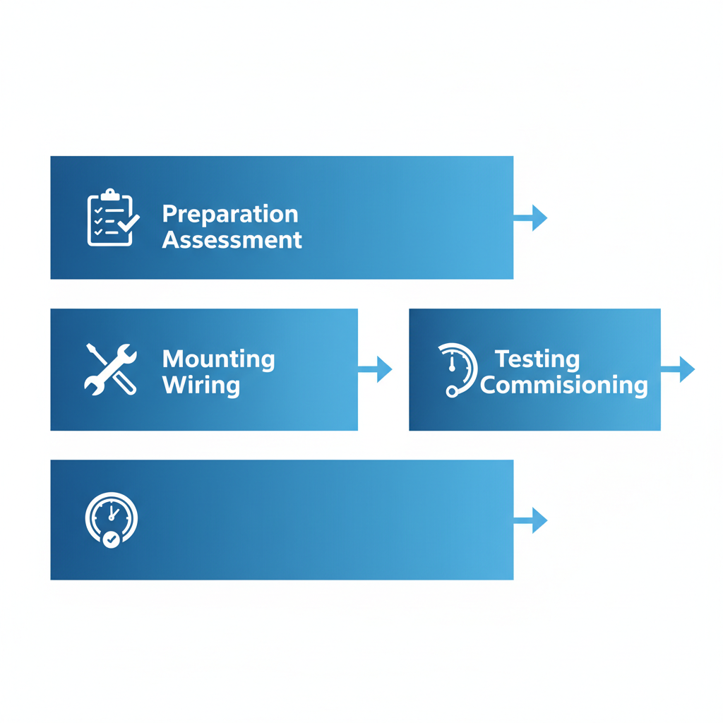 Horizontal process flow diagram showing three stages of mini-split installation: preparation, mounting, and testing.