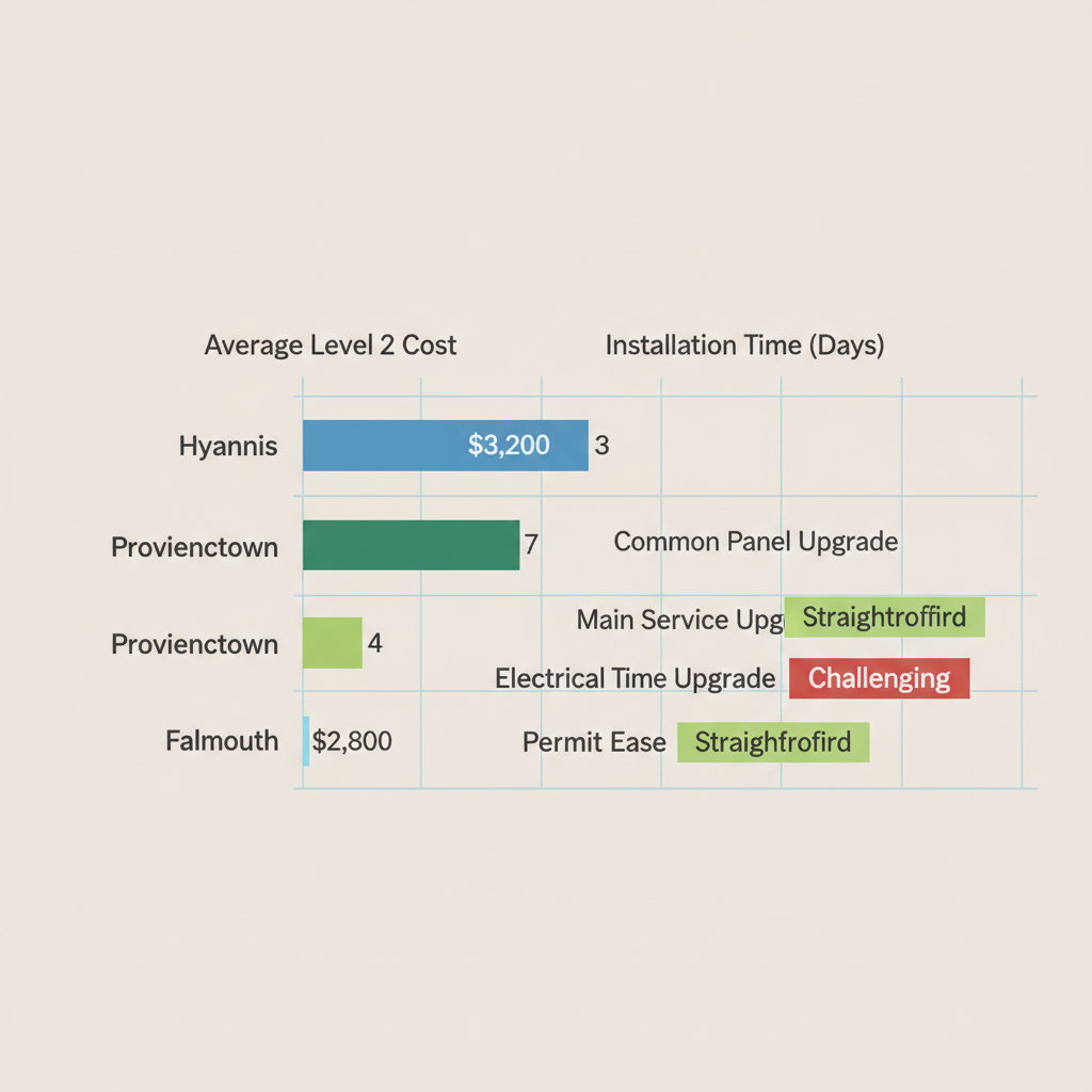 Bar chart comparing EV charger costs, upgrades, installation times, and permit ease in Hyannis, Provincetown, and Falmouth on Cape Cod