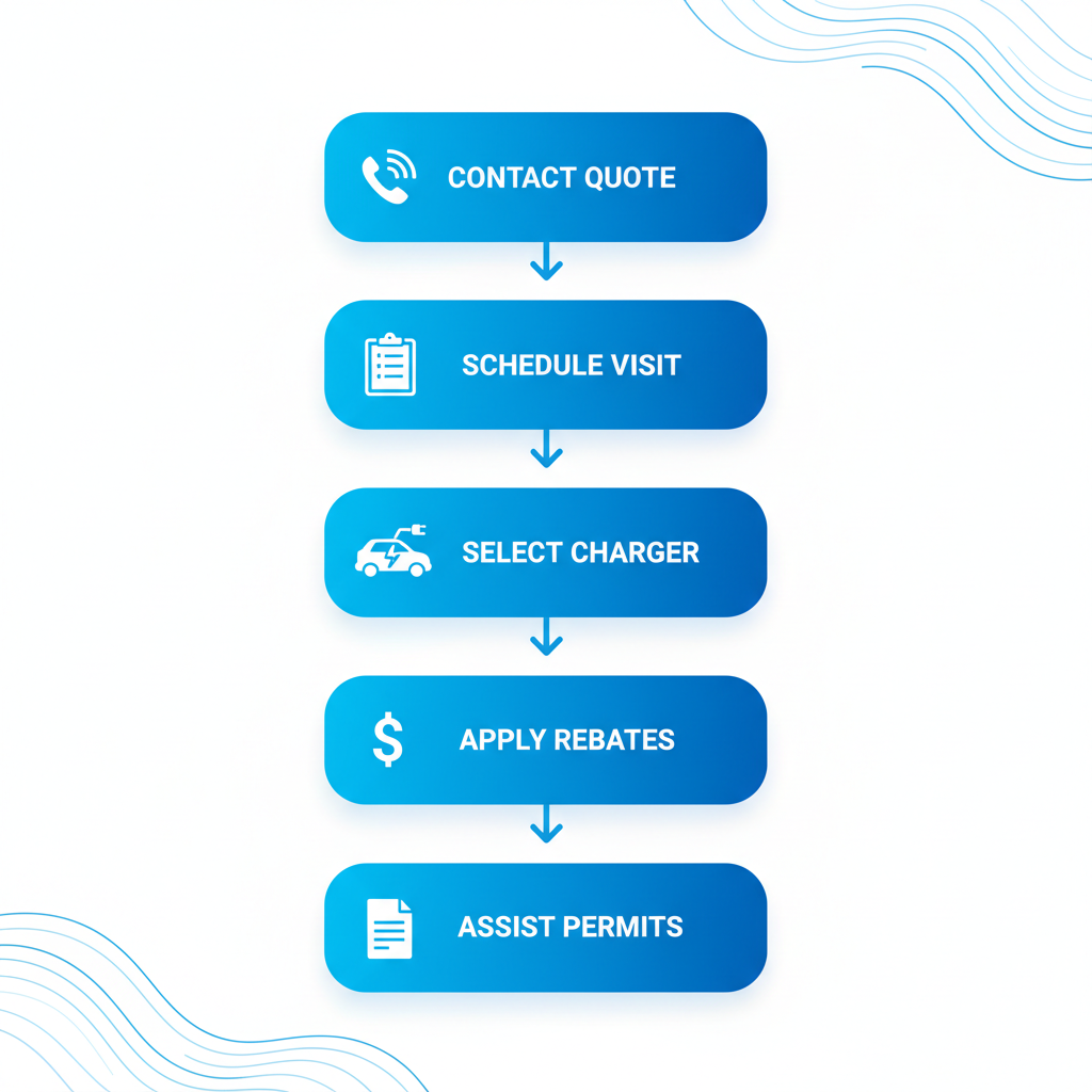 Vertical process flow diagram illustrating five key steps to begin EV charger installation in Cape Cod: contacting for quote, scheduling site visit, selecting charger, applying for rebates, and assisting with permits.
