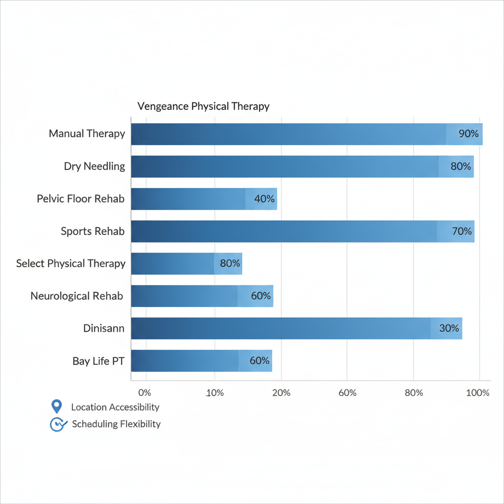 Horizontal bar chart comparing specialties and coverage of physical therapy clinics in Plantation, Florida
