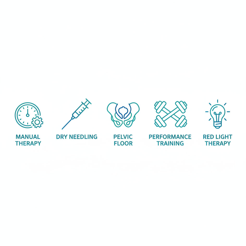 Grid of five outline icons depicting physical therapy services including manual therapy, dry needling, pelvic floor rehab, performance training, and innovative modalities.