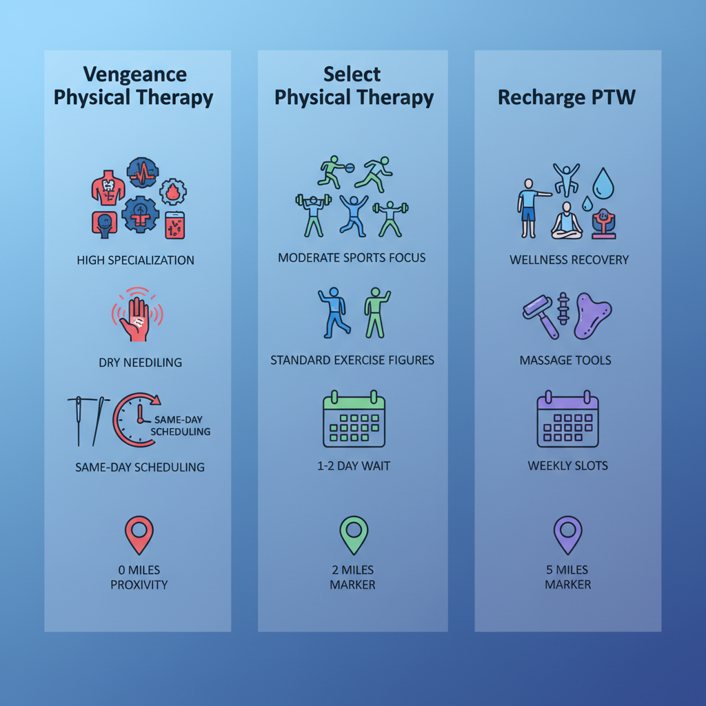 Infographic comparing physical therapy clinics in Sunrise, Florida, highlighting features and proximity.
