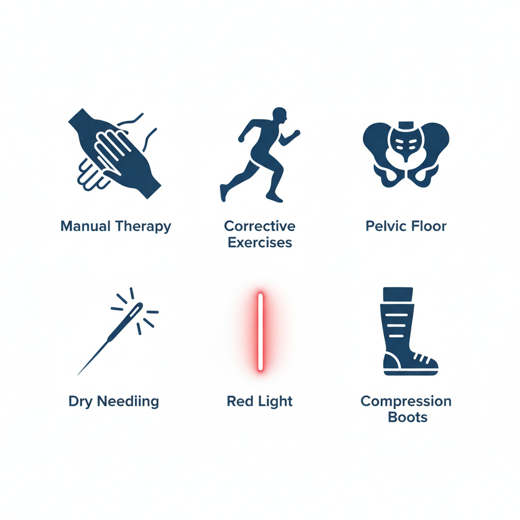 Grid of icons showing specialized physical therapy services for athletes including manual therapy, corrective exercises, and more