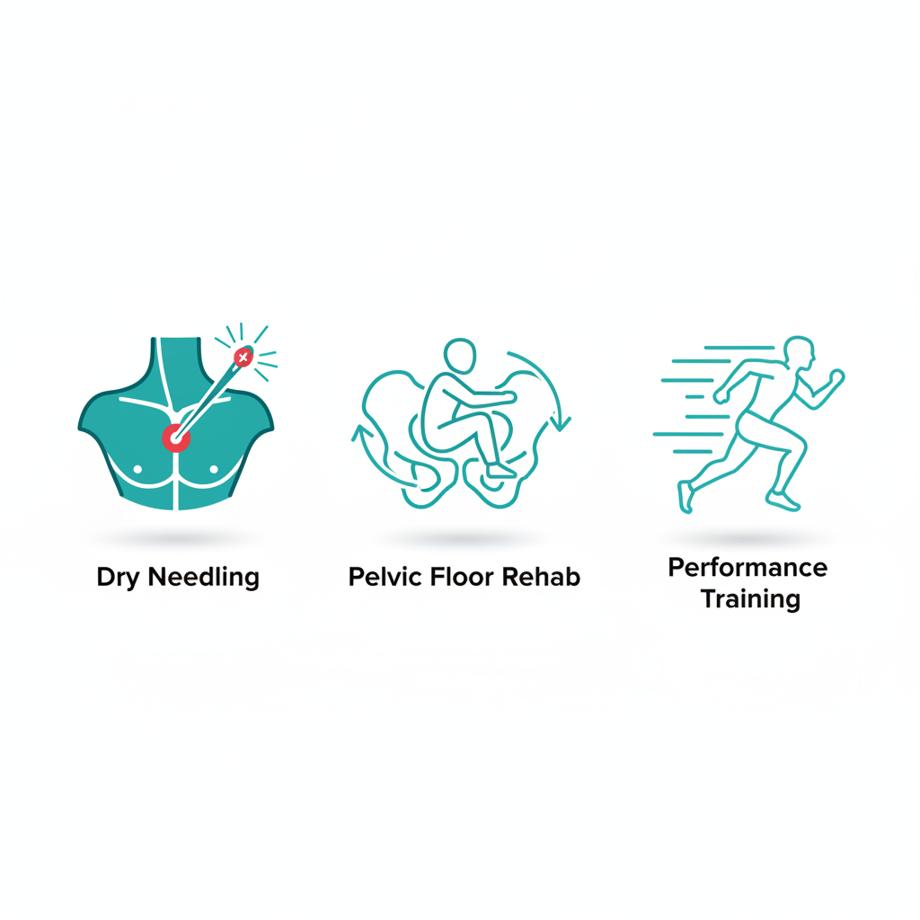 Set of three icons depicting dry needling, pelvic floor rehabilitation, and performance training techniques in physical therapy.