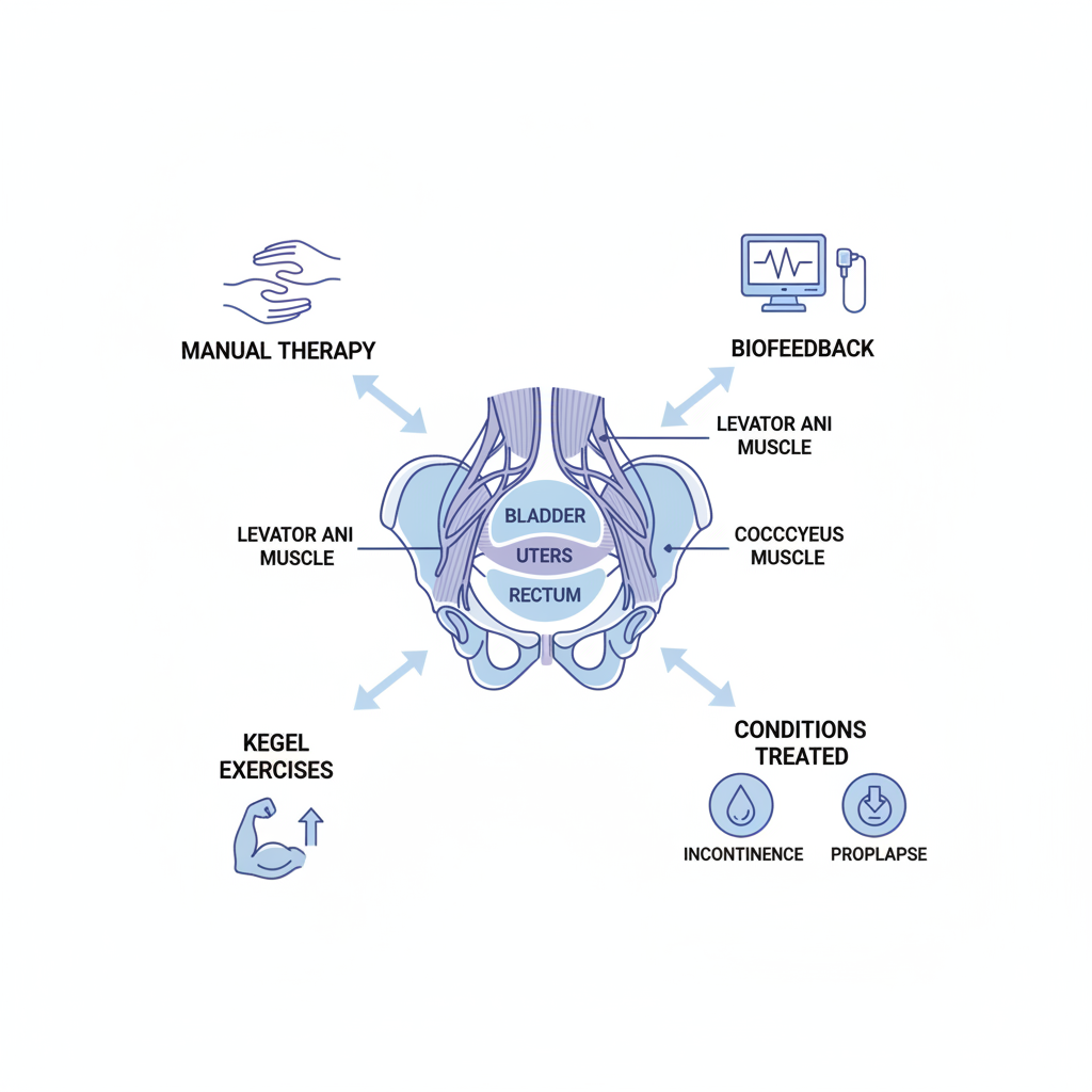 Infographic showing pelvic floor anatomy, therapy techniques, and common conditions with icons and labels.