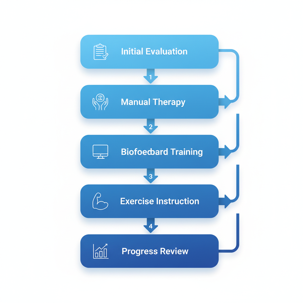 Visual diagram of a five-step pelvic floor therapy process for incontinence treatment, featuring evaluation, therapy, training, exercises, and review.