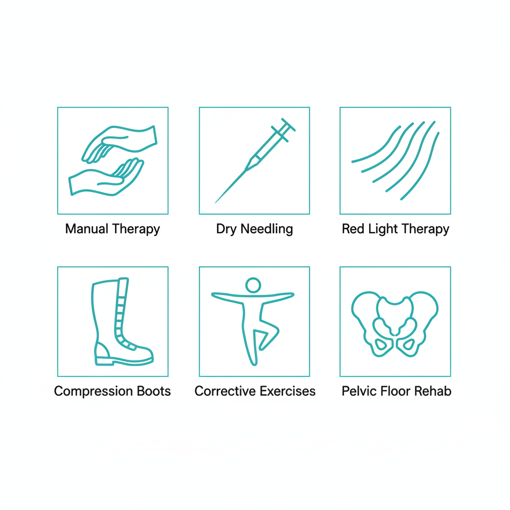 Grid of icons representing physical therapy services including manual therapy, dry needling, and more