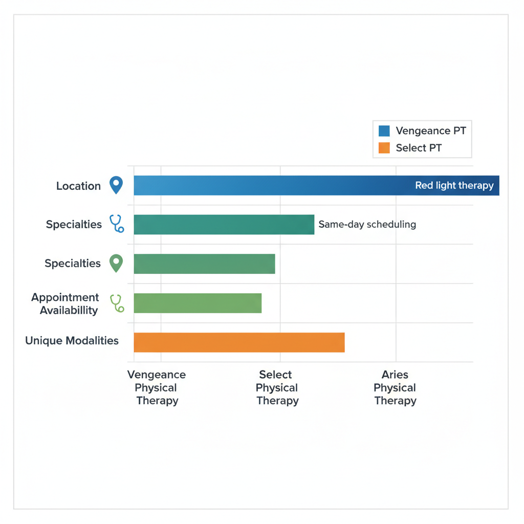Horizontal bar chart comparing physical therapy clinics in Weston, Florida by location, specialties, availability, and modalities