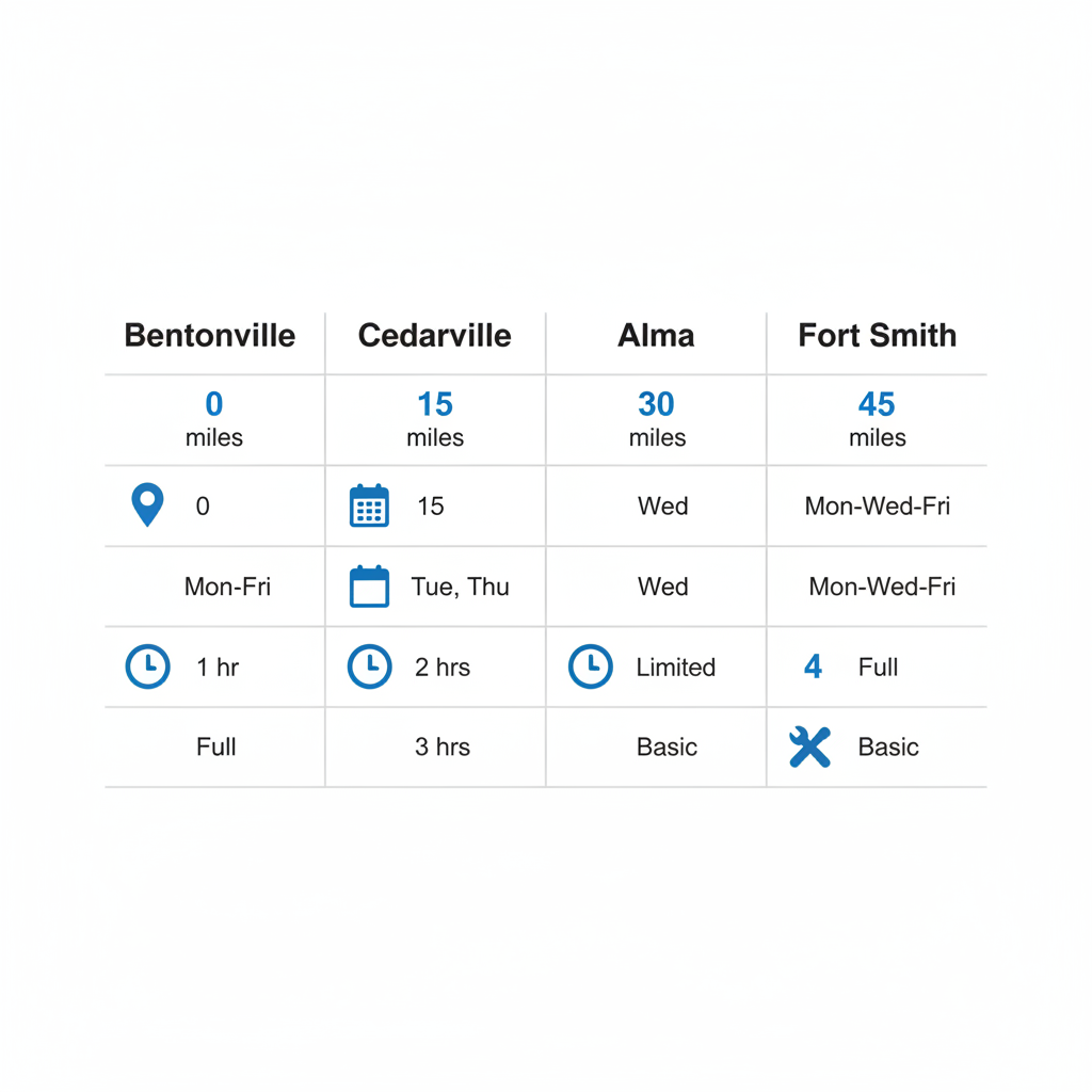 Infographic comparing Land Rover service coverage areas: Bentonville, Cedarville, Alma, Fort Smith with distances, availability, response times, and diagnostics icons.