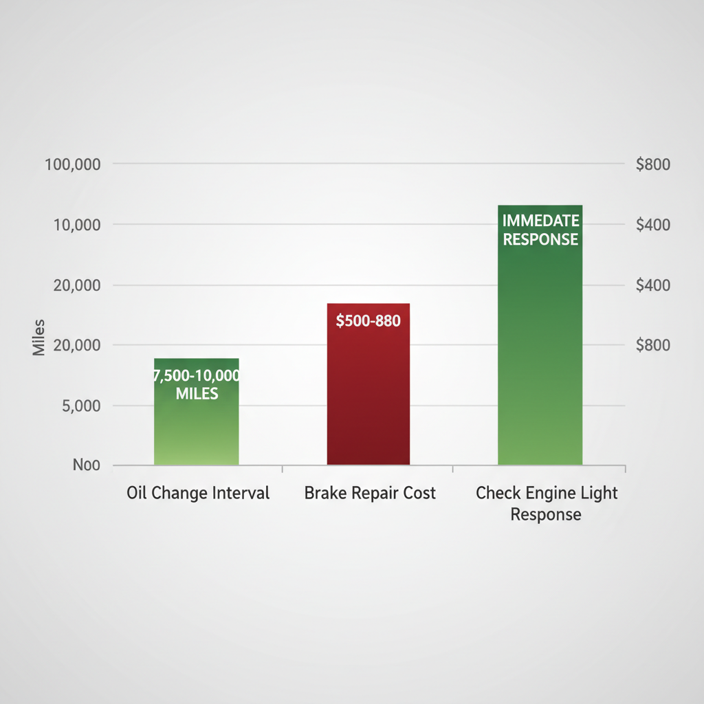 Bar chart showing key maintenance factors for Land Rover owners in Bentonville including oil change intervals, brake costs, and check engine response times.