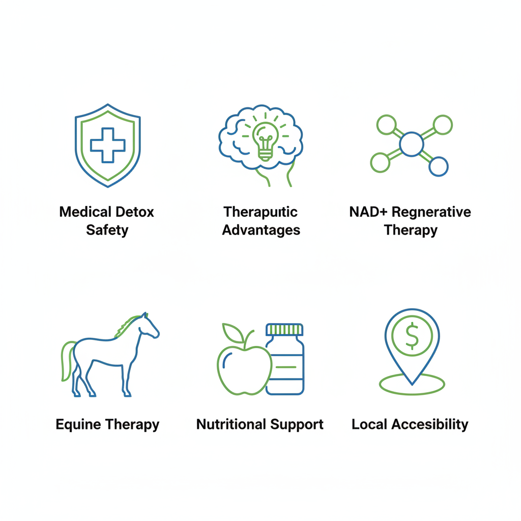 Grid of icons showing benefits of holistic addiction treatment: medical detox safety, therapeutic advantages, NAD+ therapy, equine therapy, nutritional support, and local accessibility.