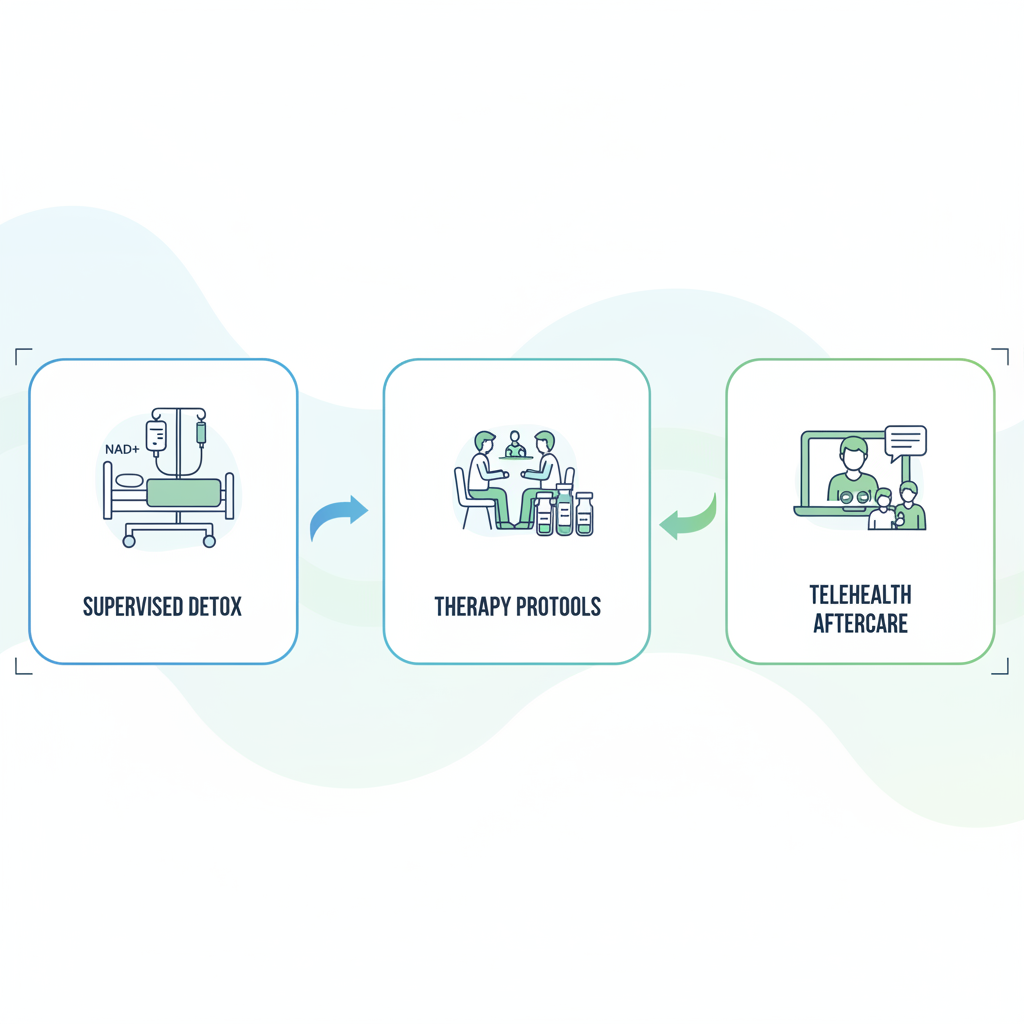 Horizontal process flow diagram showing three stages of holistic addiction treatment at Nu Dai Wellness Center