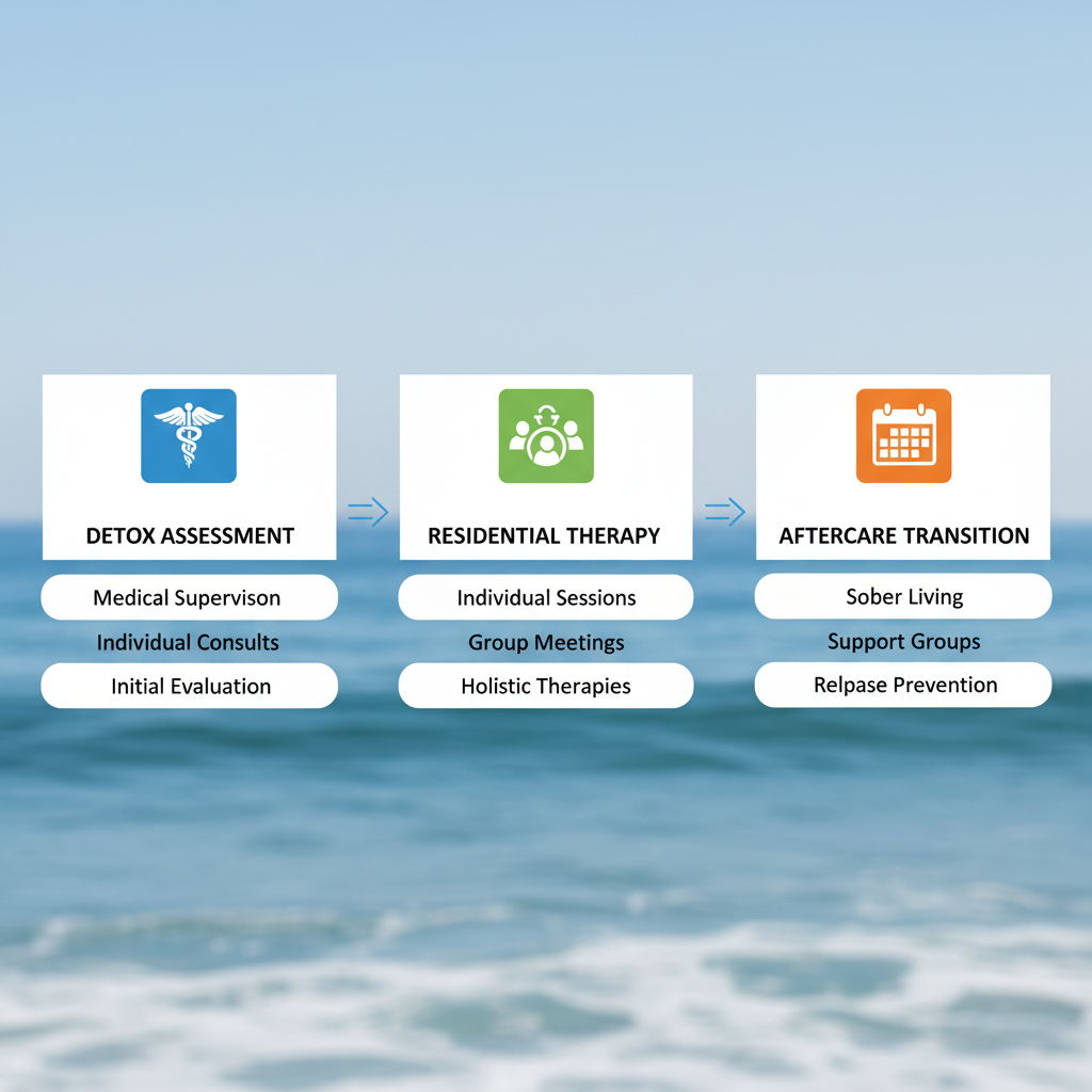 Horizontal process flow diagram showing three stages of rehab programs: detox assessment, residential therapy, and aftercare transition with icons and ocean background.