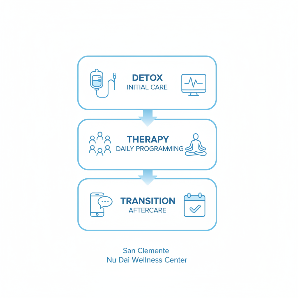 Vertical process flow diagram illustrating the three stages of rehab in San Clemente: detox, therapy, and aftercare.