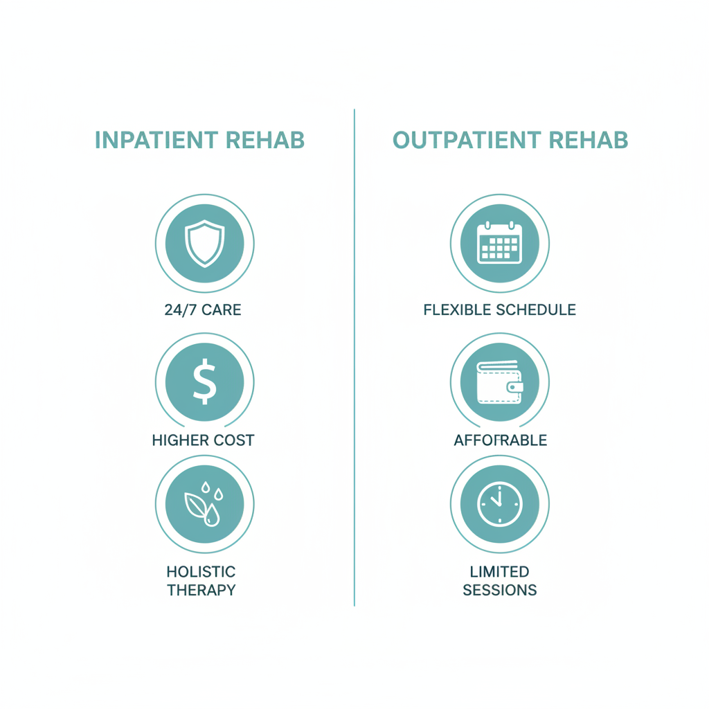 Infographic comparing inpatient and outpatient rehab benefits for San Clemente residents with icons for supervision, costs, therapies, scheduling, affordability, and sessions.