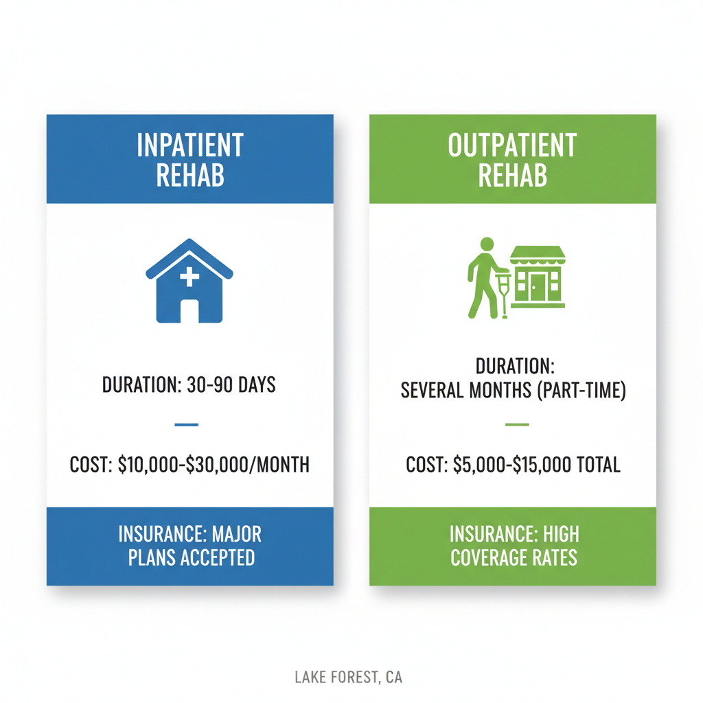 Infographic comparing inpatient and outpatient rehab options in Lake Forest, CA, with icons, durations, costs, and insurance details.