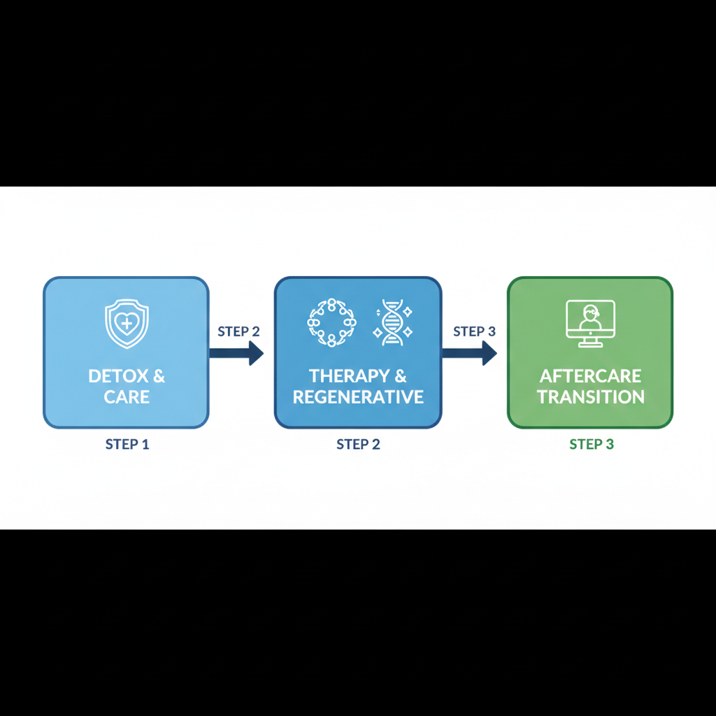 Horizontal process flow illustrating three stages of rehab process in Lake Forest: detox, therapy, and aftercare transition