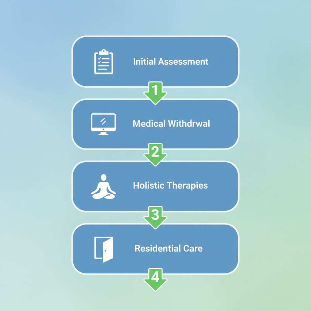 Vertical process flow diagram of four stages in opiate drug detox treatment in Laguna Hills, featuring icons and arrows.
