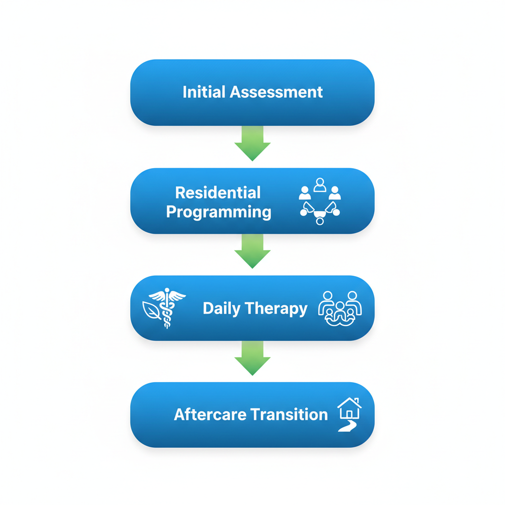 Vertical process flow diagram illustrating steps of holistic drug rehab: assessment, residential programming, daily therapy, and aftercare transition.