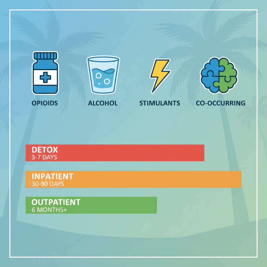 Infographic depicting addiction types with icons and color-coded treatment levels including detox, inpatient, and outpatient options in Lake Forest.