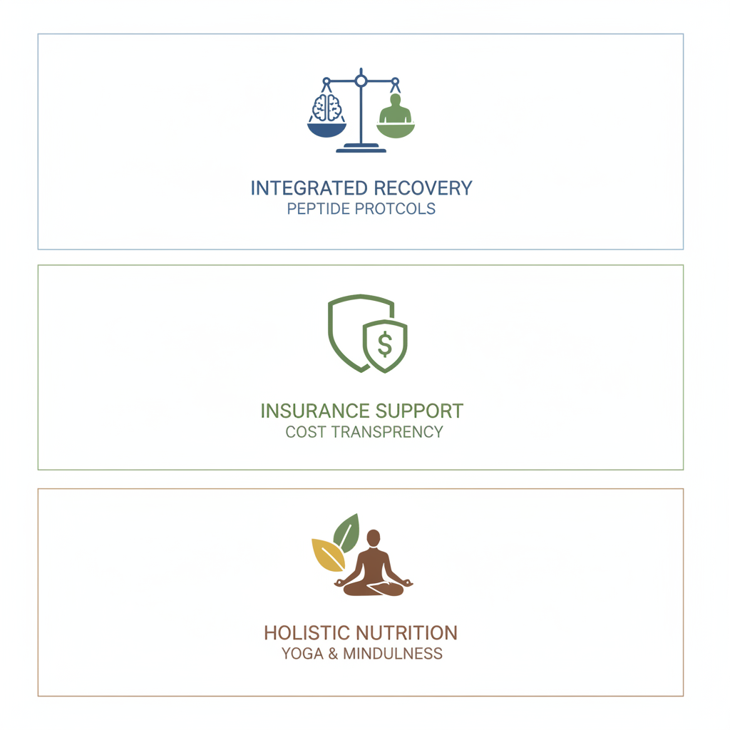 Infographic illustrating key benefits of holistic rehab in Lake Forest with icons for physical recovery, insurance, and wellness modalities.