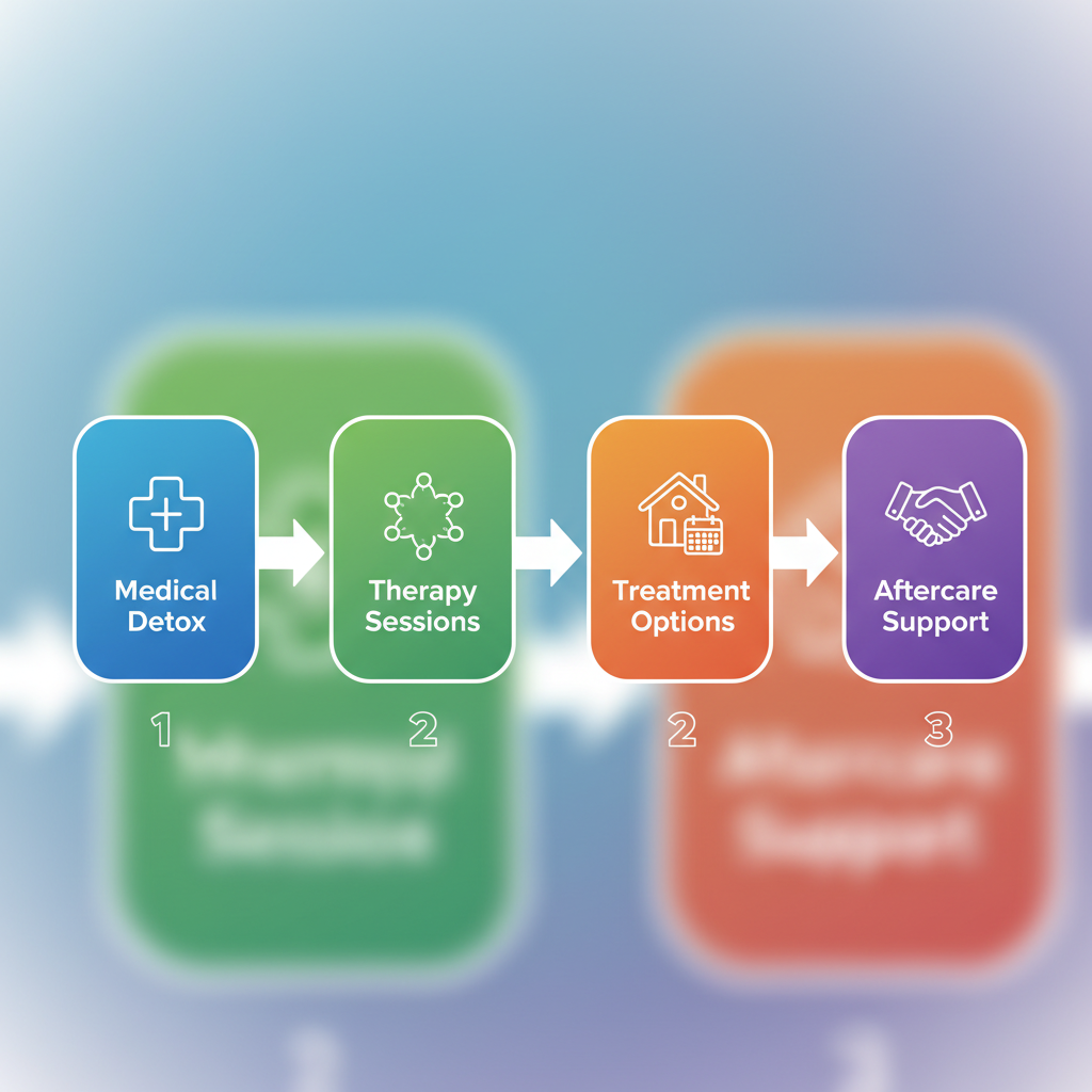 Horizontal process flow diagram illustrating the four stages of addiction treatment: medical detoxification, therapy and programming, inpatient and outpatient options, and aftercare support, connected by sequence arrows with professional icons in colored boxes.