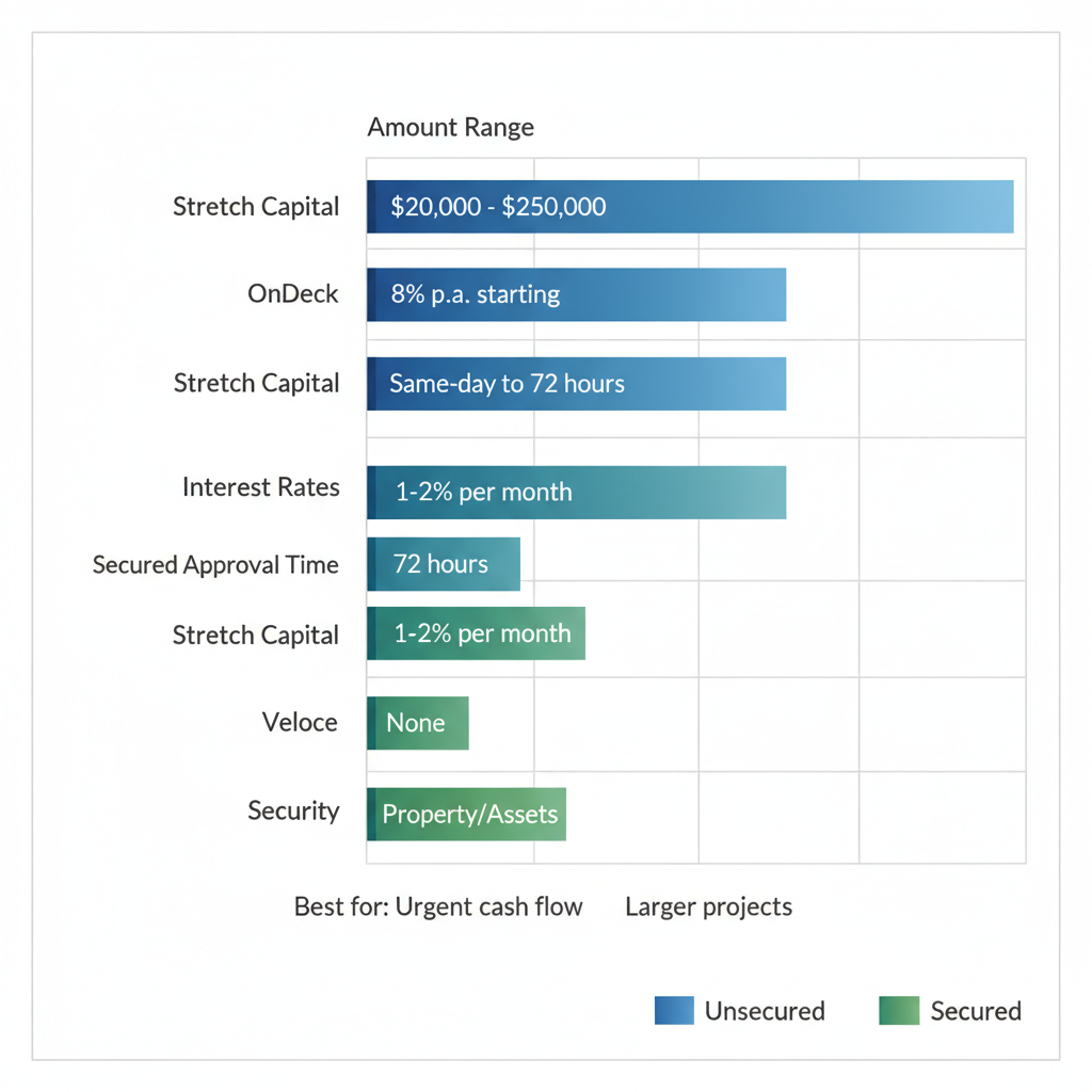 Horizontal bar chart comparing unsecured and secured business loan options in Melbourne, showing amount ranges, interest rates, approval times, and security requirements.