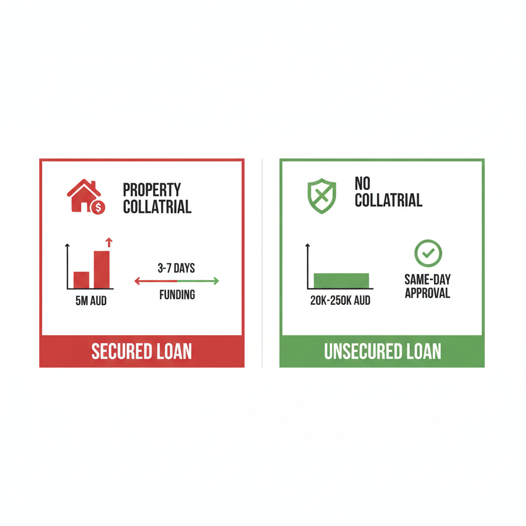 Comparison chart of secured and unsecured business loans showing differences in collateral, amounts, and approval times.