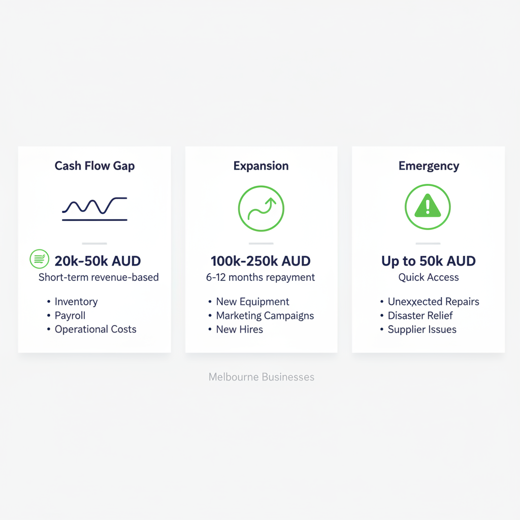 Infographic illustrating best practices for selecting unsecured business loan amounts based on cash flow, expansion, and emergency needs with icons and key details.