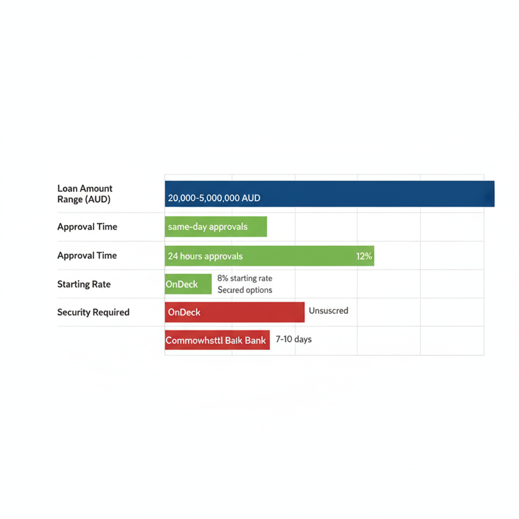 Horizontal bar chart illustrating comparison of Melbourne business loan providers by amount range, approval time, starting rate, and security requirements