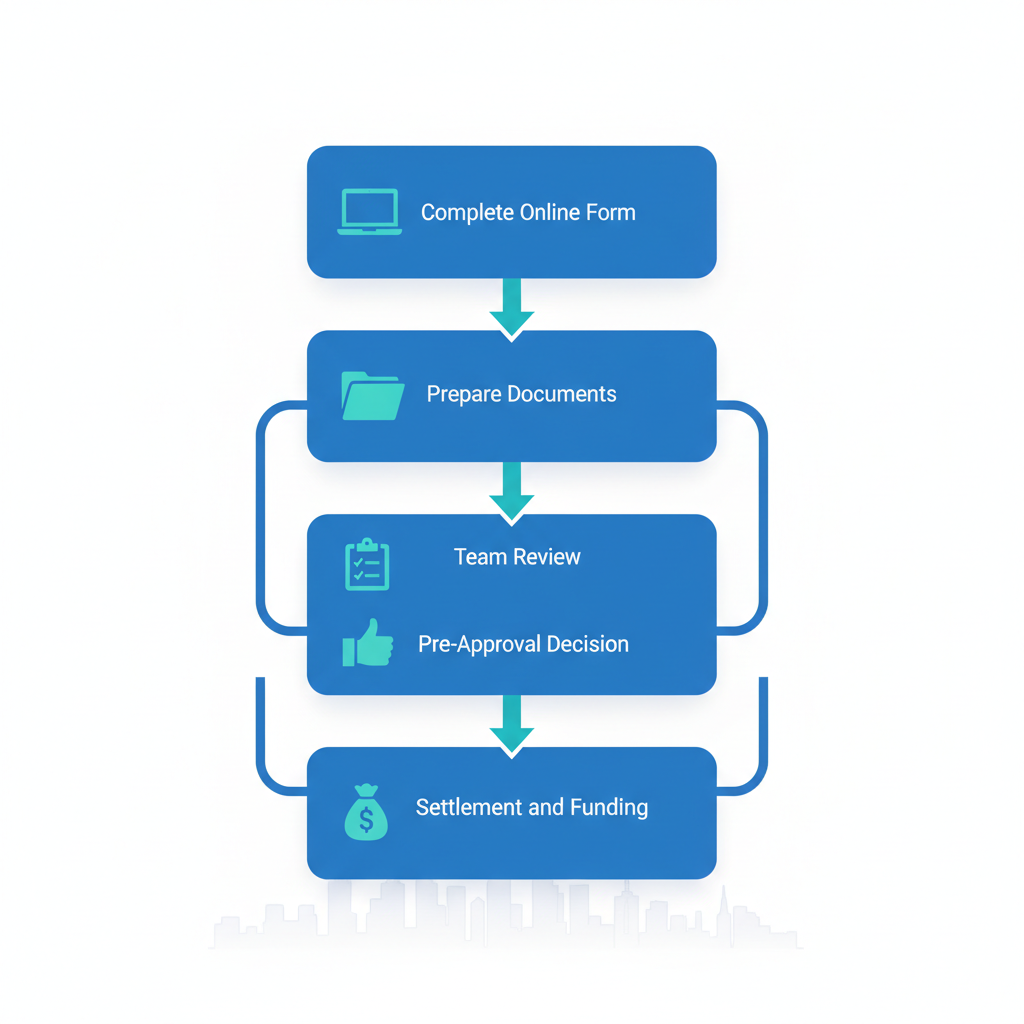 Vertical process flow diagram showing five steps to apply for business loans in Melbourne with icons and labels.
