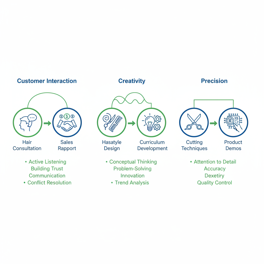 Infographic illustrating transferable skills from hair styling to other careers in three columns: customer interaction, creativity, and precision.