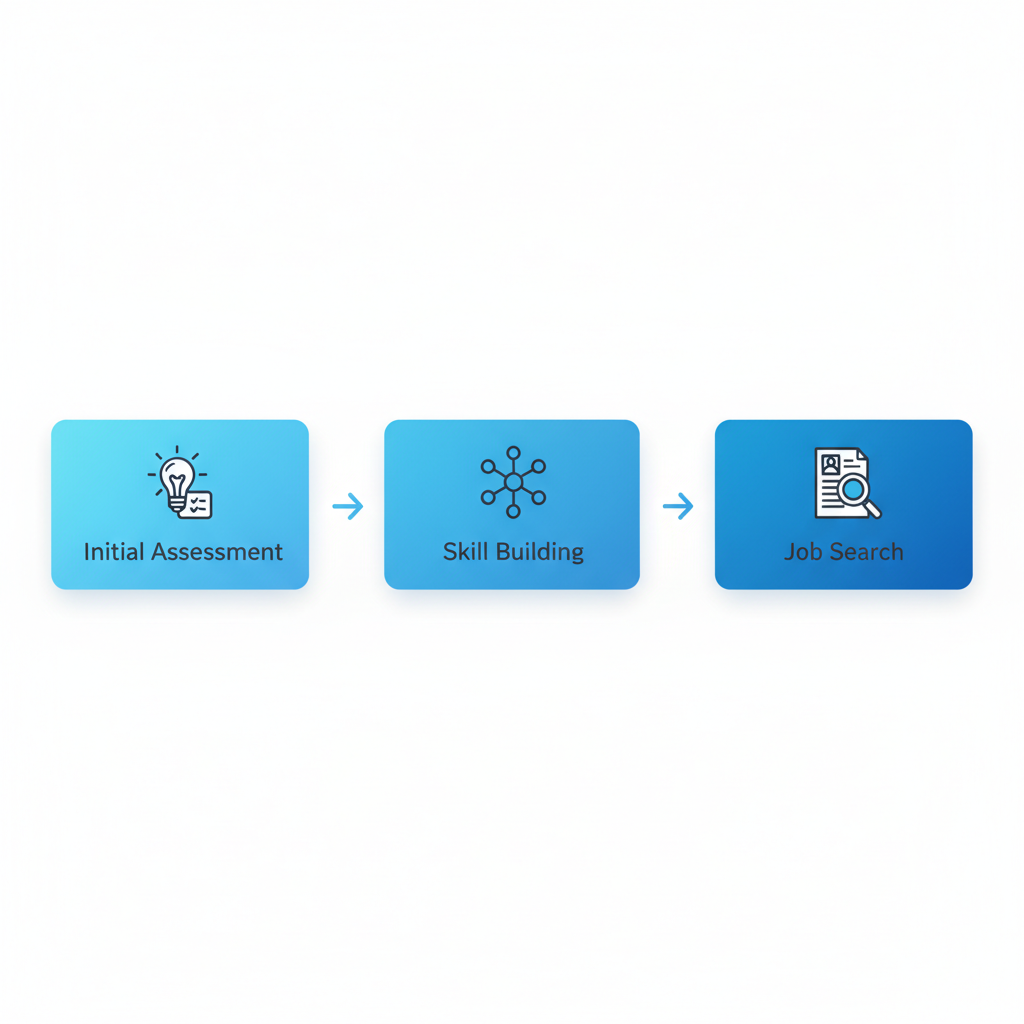 Horizontal process flow chart showing three stages of career transition for hair stylists: assessment, skill building, and job search with icons.