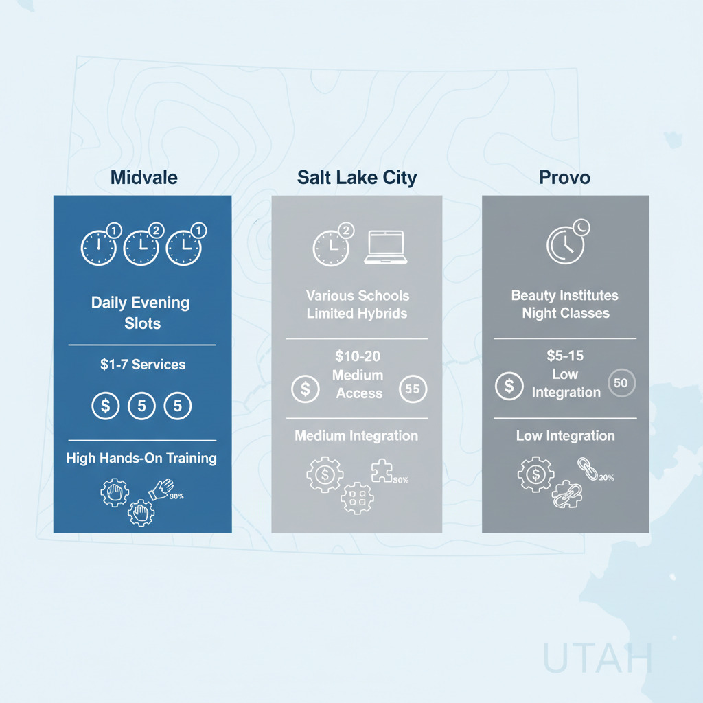 Infographic comparing evening barber education programs in Midvale, Salt Lake City, and Provo, Utah, highlighting availability, costs, and training levels.