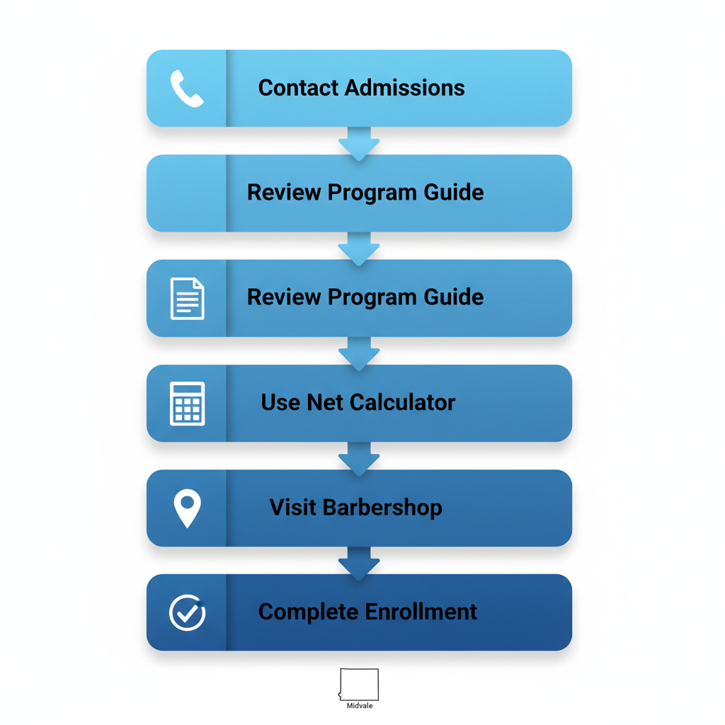 Vertical process flow diagram illustrating the five enrollment steps for night barber classes at The Barber School, including contact, review, calculate, visit, and complete.