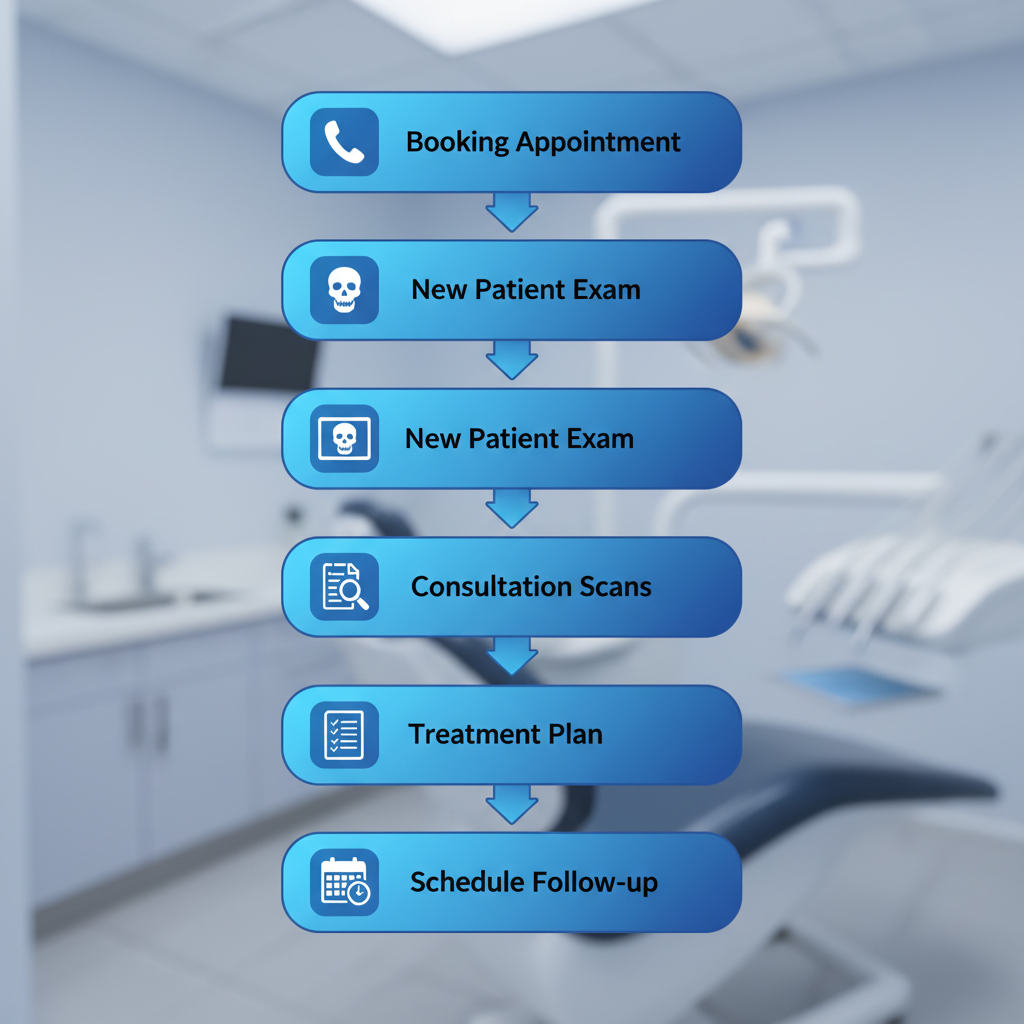Flowchart outlining steps for booking appointments and consultations at a dental office, with treatment planning and follow-up scheduling.