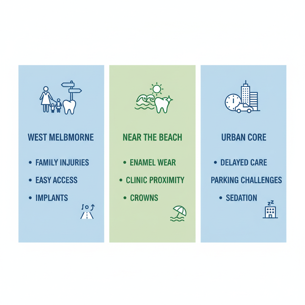 Infographic highlighting dental care aspects in West Melbourne, beach areas, and urban core, featuring icons and key points.