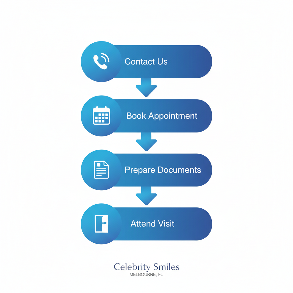 Vertical process flow diagram illustrating the four steps to schedule a dental appointment at Celebrity Smiles.