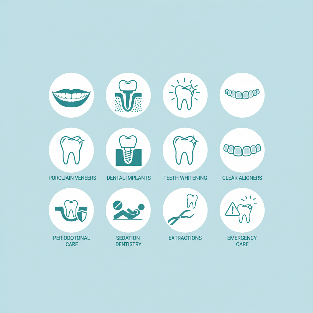 Grid of icons depicting various dental services including veneers, implants, whitening, aligners, periodontal care, sedation, extractions, and emergency dentistry
