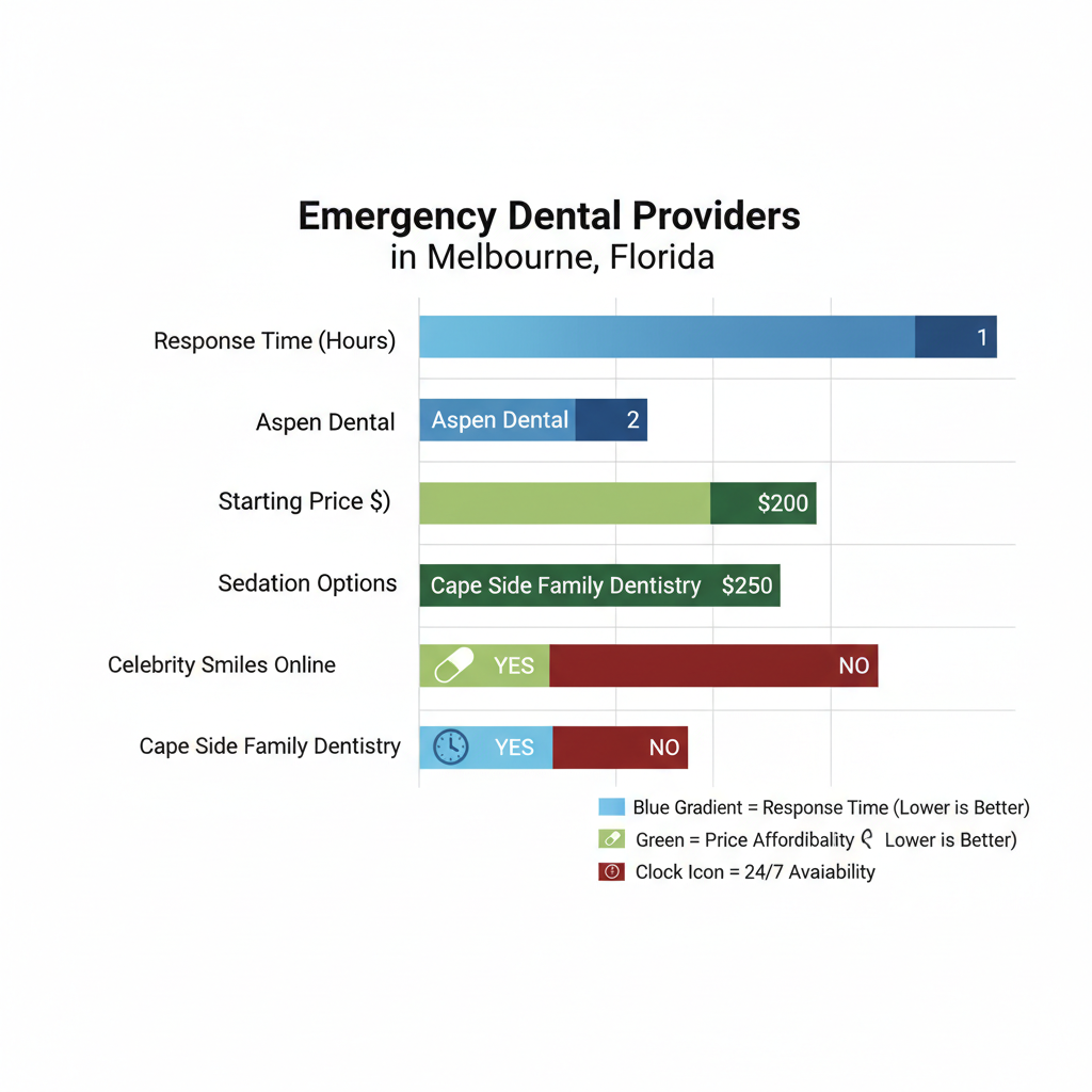Horizontal bar chart comparing emergency dental services by response time, pricing, sedation options, and availability for providers in Melbourne, Florida