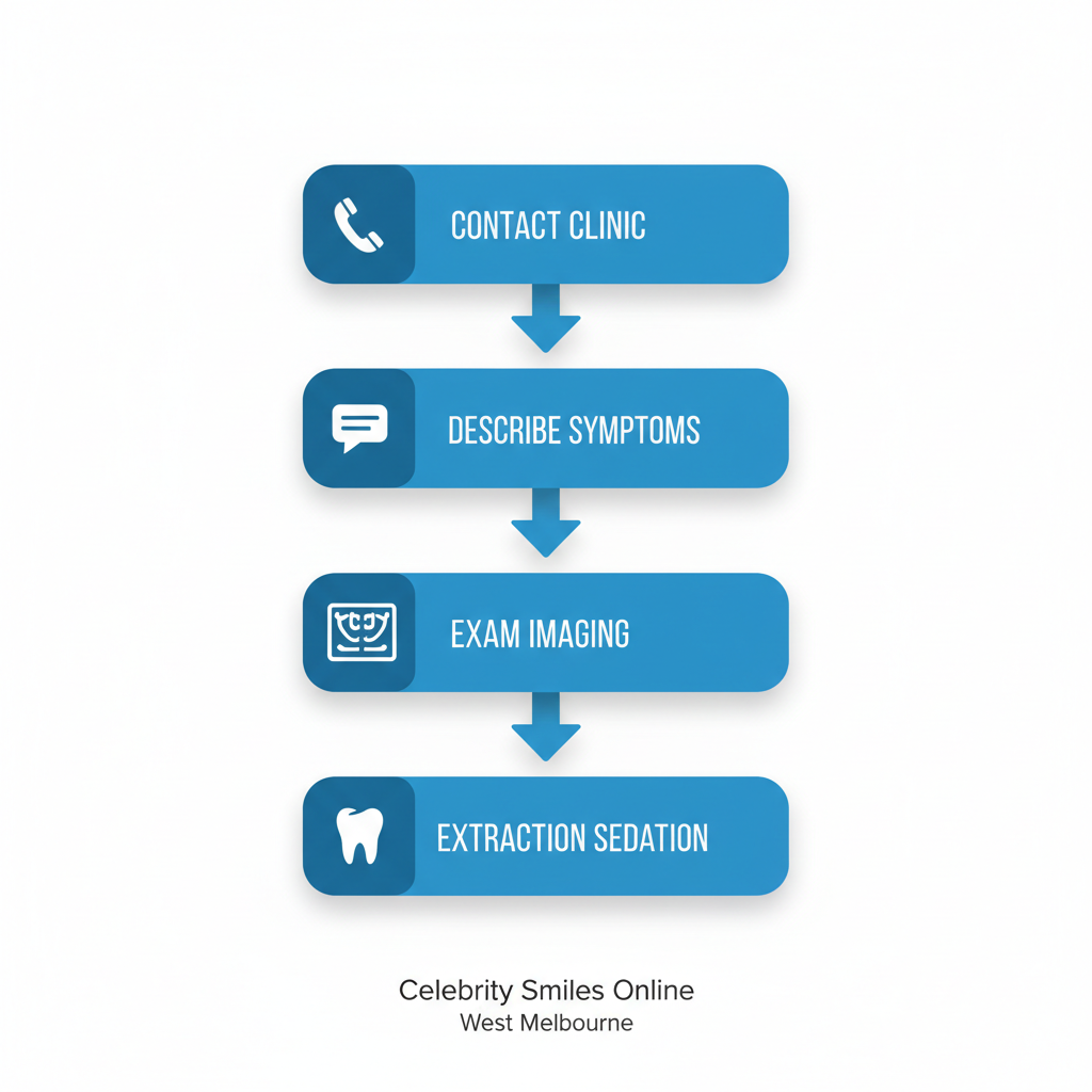 Vertical process flow diagram illustrating four steps for emergency tooth extraction: contact via phone or form, describe symptoms, arrive for exam with imaging, and extraction with sedation.