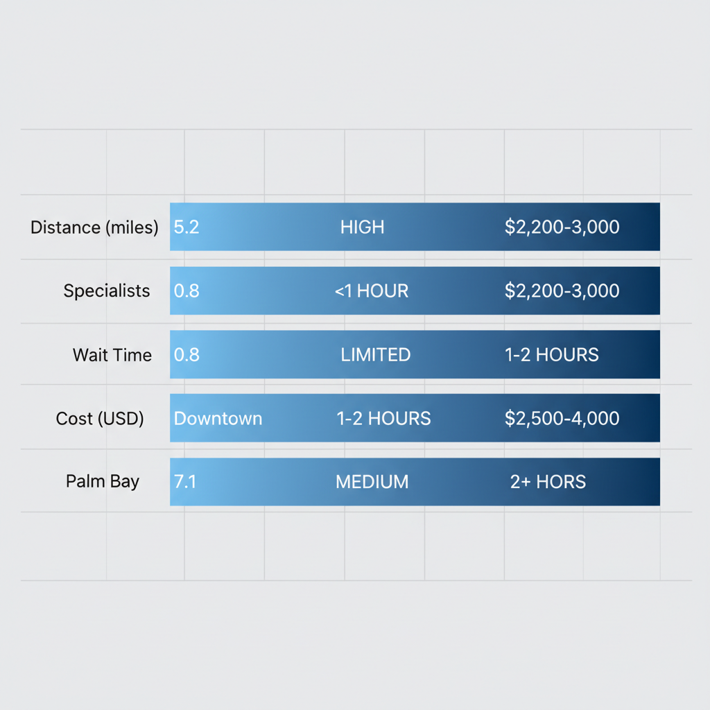 Horizontal bar chart comparing dental implant services accessibility across Melbourne neighborhoods including distances, availability, wait times, and costs.