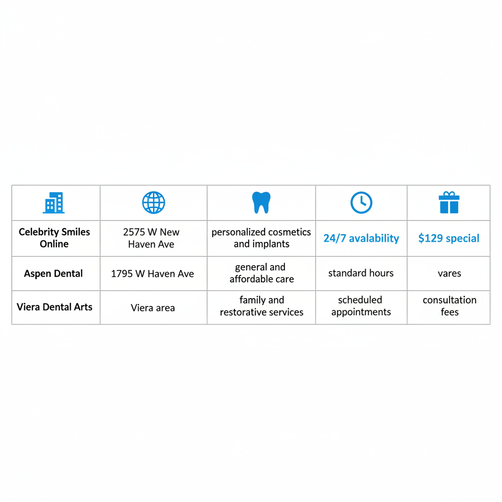 Infographic comparing top dental practices in Melbourne, Florida, including locations, specialties, emergency availability, and new patient specials