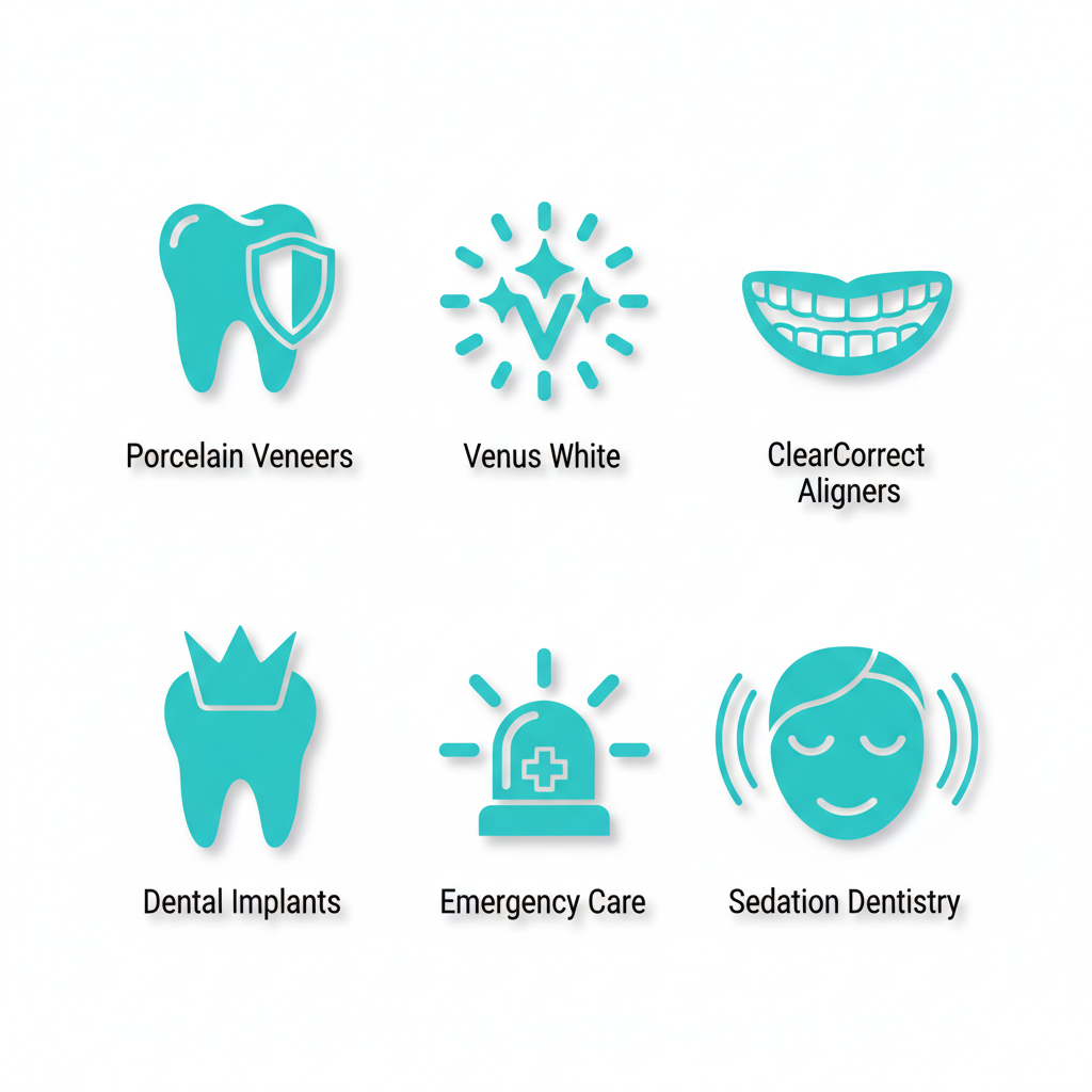 Grid of modern icons representing key dental services including veneers, whitening, aligners, implants, emergency care, and sedation dentistry.