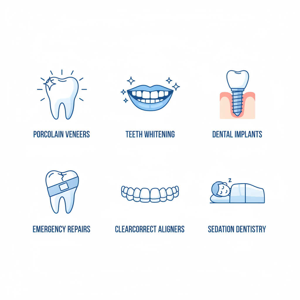 Icon grid representing various dental services including veneers, whitening, implants, emergency care, aligners, and sedation.