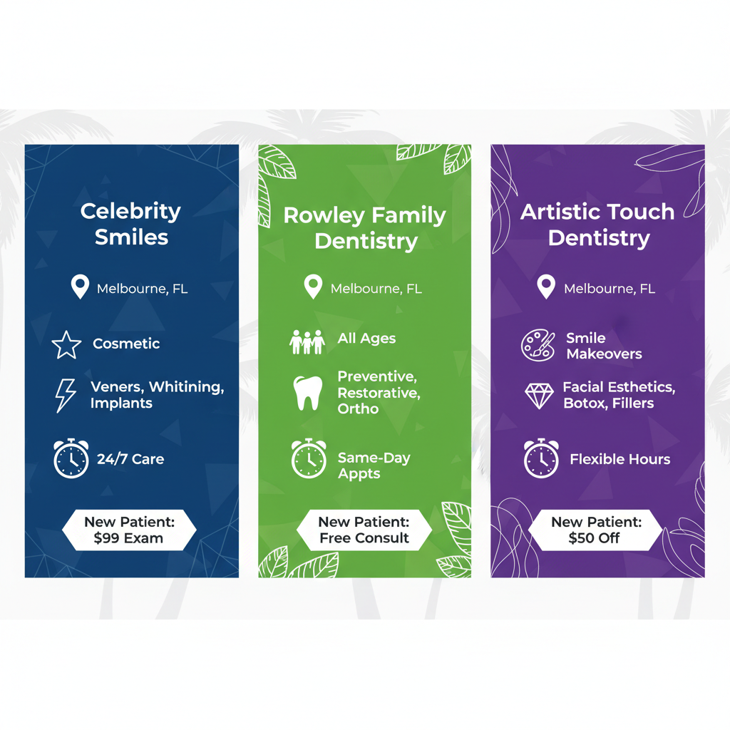 Infographic comparing key features of three dental clinics in Melbourne, Florida: Celebrity Smiles, Rowley Family Dentistry, and Artistic Touch Dentistry