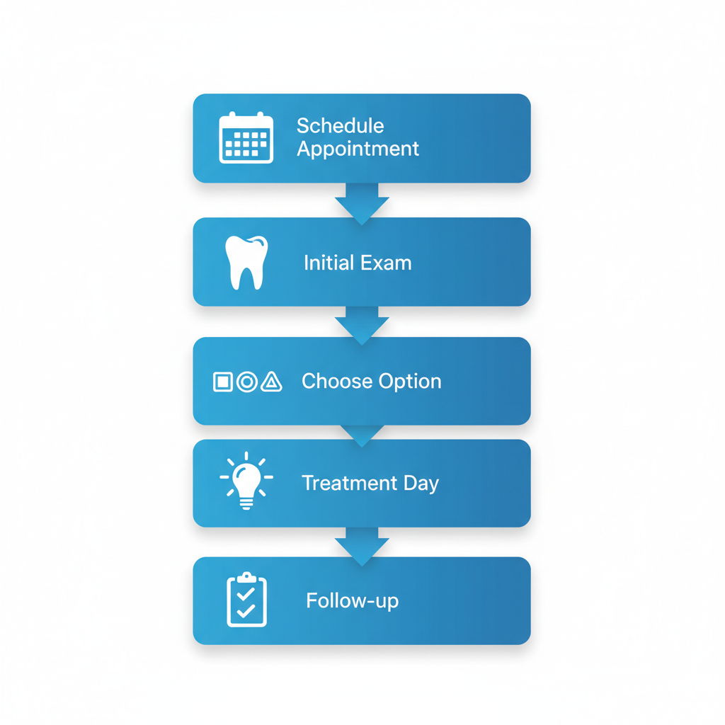 Vertical process flow diagram showing five steps to begin professional teeth whitening: schedule appointment, initial exam, choose treatment, treatment day, and follow-up maintenance.