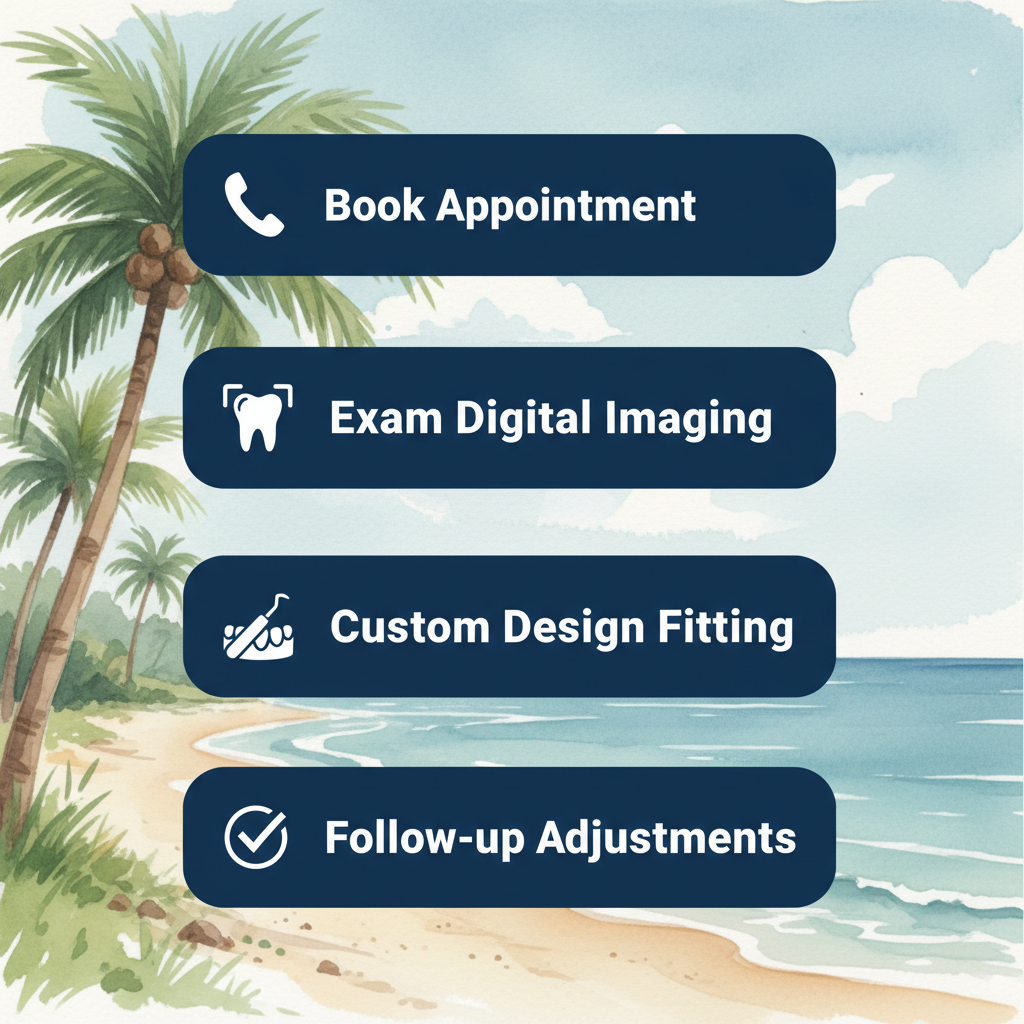 Vertical process flow illustrating four steps to obtain dentures: booking appointment, exam with imaging, custom fitting, and follow-up adjustments.