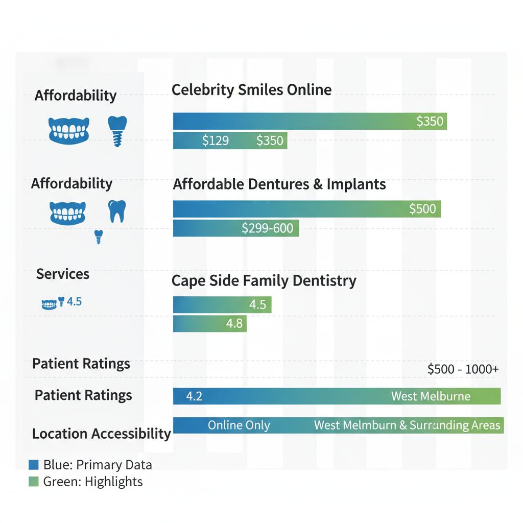 Horizontal bar chart comparing denture providers in West Melbourne by affordability, services, ratings, and accessibility