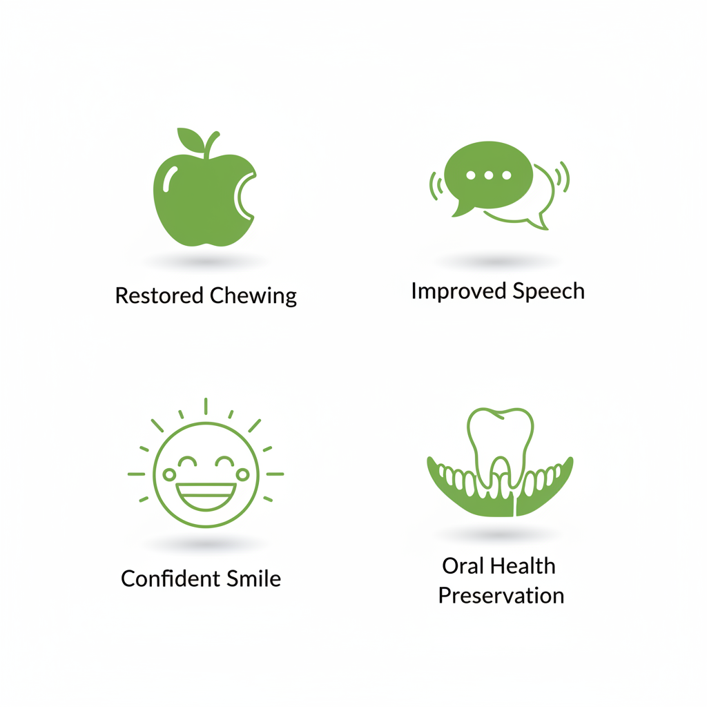 Square grid of four minimalist icons illustrating dental implant benefits: chewing function, speech improvement, confident smile, and oral health preservation.